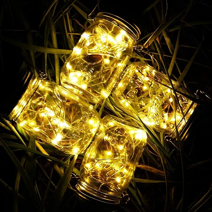 SmilingTown Solar Mason Jar String Light Lids 12 Pack 30 LED Fairy Firefly Inserts Lighting with 12 Hangers Waterproof for Outdoor Tree Patio Lawn Garden Decor, No Jars