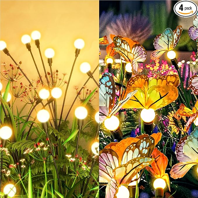 Flumy 2 Pack Solar Firefly Lights + 2 Pack Solar Butterfly Lights for Yard, Patio, Pathway, Lawn, Walkway, Camping, Pool, Solar Ground Lights Walkway Lights Deck Lights