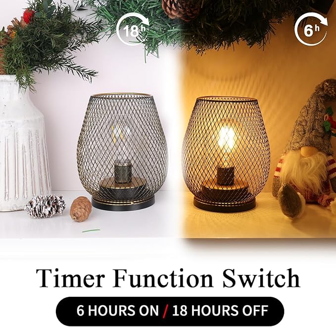 DECORKEY Set of 6 Battery Operated Lamp LED Table Lantern, Golden Metal Cage Cordless Lamps with LED Bulb, Vintage Decorative Outdoor Lantern for Weddings, Party, Patio, Events for Indoors Shelf Decor