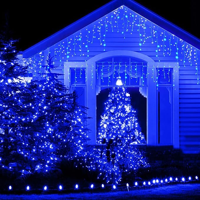 Led Christmas Lights Outdoor Christmas Decorations Hanging Lights 400LED 8 Modes 75 Drops, Waterproof Outdoor Indoor Fairy Christmas Lights for Party, Holiday, Wedding Decorations (Blue)