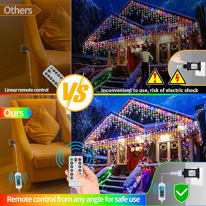 XZAI 800LED 50FT, Icicle String Lights, Plug-in, Multi-Color & Warm White, Christmas Party Decors, Connectable, Memory, Remote, 8 Modes, Timer, Dimmable, IP65 Waterproof, Hanging for Outdoor & Indoor