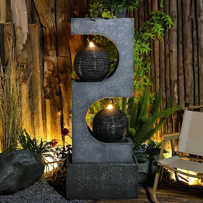 46''H Outdoor Water Fountain with LED Light, Modern Sphere Floor Waterfalls Fountains Indoor for Garden Patio Yard Deck Home Decor Lawn Porch House