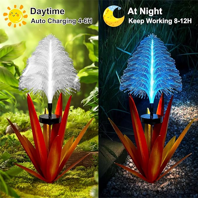 Metal Outdoor Decoration Gift Christmas Decorations Outdoor Metal Agave Yard Art Garden Lights Solar Outdoor, 7 Color Changing Garden Yard Pathway Xmas Decor Waterproof & Solar Powered(2pcs red)