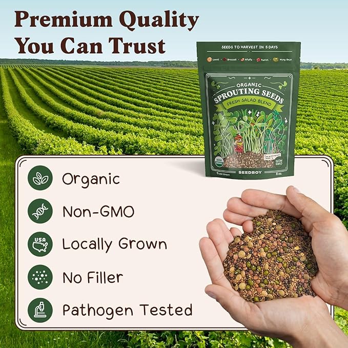 Seedboy Organic Sprouting Seeds - Salad Blend Variety- Non-GMO, USA Grown Microgreens Mix - Alfalfa, Broccoli, Radish, Mung Bean, Lentil - Makes 8 Quarts of Sprouts, 24 Servings (8 oz) (Salad Blend)