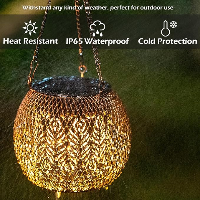 LeiDrail Solar Lantern Outdoor Waterproof Hanging Solar Lights, Metal Patio Decor for Outside Gifts for Women Men Feather Pattern Decorative LED Lanterns for Yard Lawn Pathway Garden Decor 2 Pack