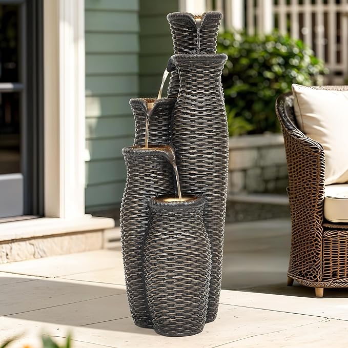 5-Tier Faux Rattan Vase Water Fountain Outdoor with LED Lights, Polyresin Cascading Waterfall Feature, Tranquil Oasis for Garden, Patio, Yard, or Porch