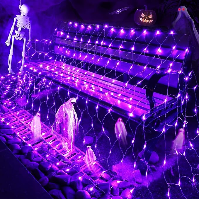 Joomer 12ft x 5ft 360LED Purple Halloween Net Lights Outdoor, 8 Modes Timer Connectable Waterproof Bush Mesh Netting for Halloween Outdoor Decorations (Clear Wire)