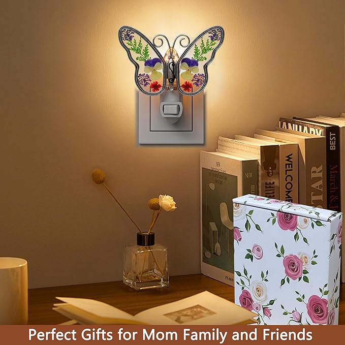KY&BOSAM Butterfly Night Light Plug into Wall Night Lights Real Flower Glass and Metal Nightlights for Hallway Nursery Bedroom Bathroom Kids Room Kitchen Stairway Accent Elegant Themed Home Decoration