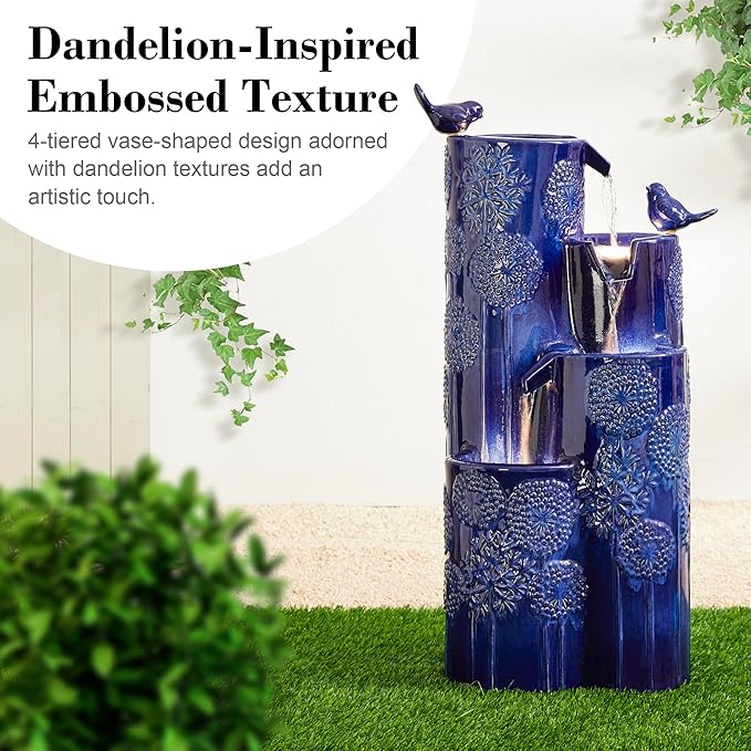 Glitzhome 32" H Outdoor Water Fountain with LED Lights and Pump, 4 Tier Ceramic Cobalt Blue Dandelion Texture Outdoor Fountains and Waterfalls with Cute Birds, for Porch Deck Garden Patio Backyard