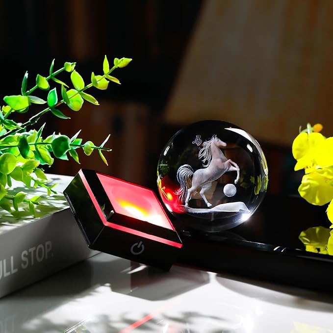 Qianwei Horse Gifts for Women 3D Crystal Ball 3.14'' - Laser Horse Decor Glass Animals Horse Gifts Figurines Statue Stuff for Room Decorations Horse Night Light
