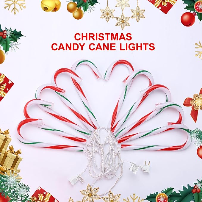 VCOKEN 10'' Christmas Candy Cane Lights Outdoor Pathway, Set of 10 Christmas Candy Cane Markers Waterproof, Light Up Xmas Candy Cane Decoration with Stakes for Holiday Party Yard Art Indoor Outdoor