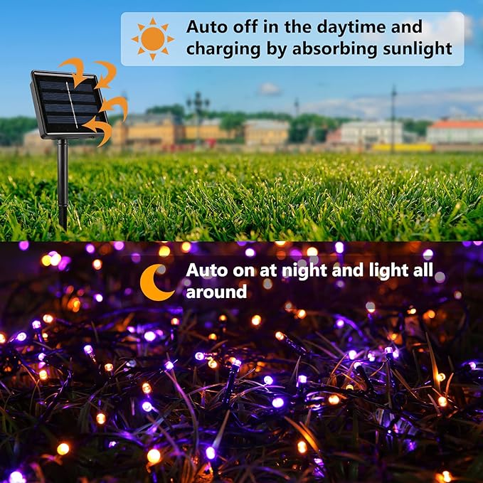 Joomer 2 Pack Orange Purple Halloween Solar String Lights Total 144 FT 400 LED 8 Modes Waterproof Solar Halloween Lights Outdoor for Halloween Decorations