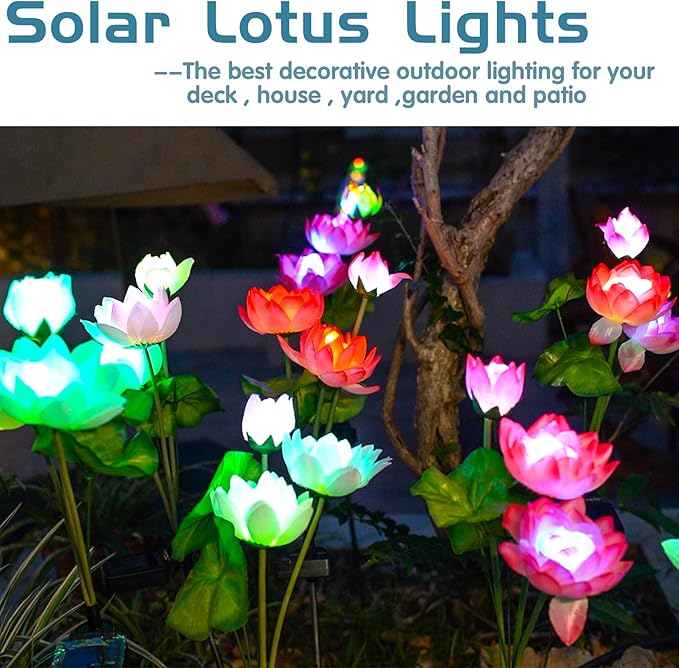 Solar Garden Lights - Solar Flower Lights, 7-Color Changing Lotus Lights for Yard, Garden Decoration, Bigger Solar Panel & Realistic Lotus Flowers (2 Pack)