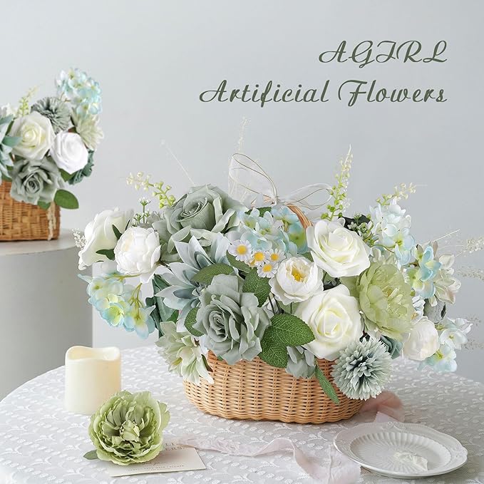 AGIRL Artificial Flowers Combo Silk Mix Green Fake Flower with Stems for DIY Wedding Bouquets Centerpieces Arrangements Table Chair Decor Baby Shower Home Decor (Sage Green)