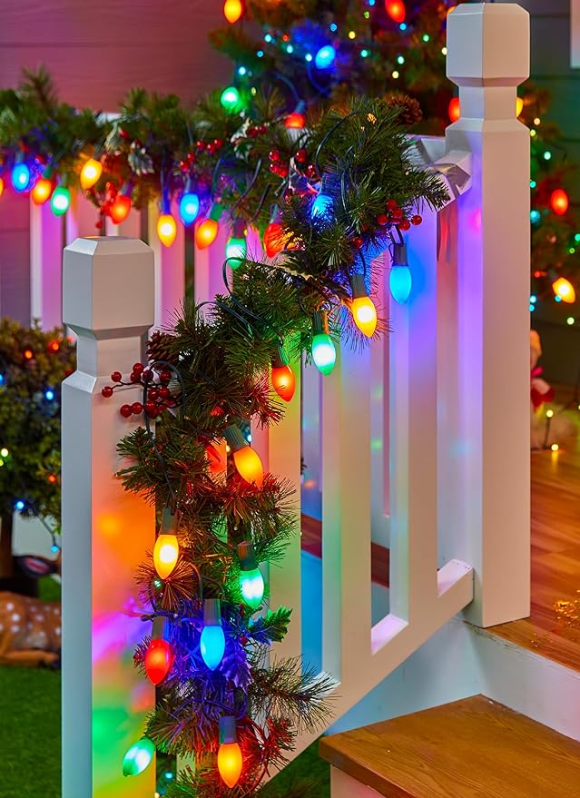 Vintage C9 LED Christmas Lights Outdoor Multicolor, 50 Feet C9 String Lights for Christmas Tree Roofline Holiday Party Indoor Outdoor Garden Patio Backyard Cafe Xmas Decoration, Green Wire