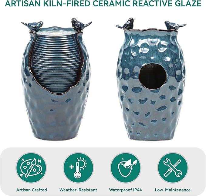 24.8" H Ceramic Jar Outdoor Water Fountain with LED Lights & Bird Accents, Elegant Turquoise Glaze with Bubble-Like Texture, Decorative Garden Water Feature