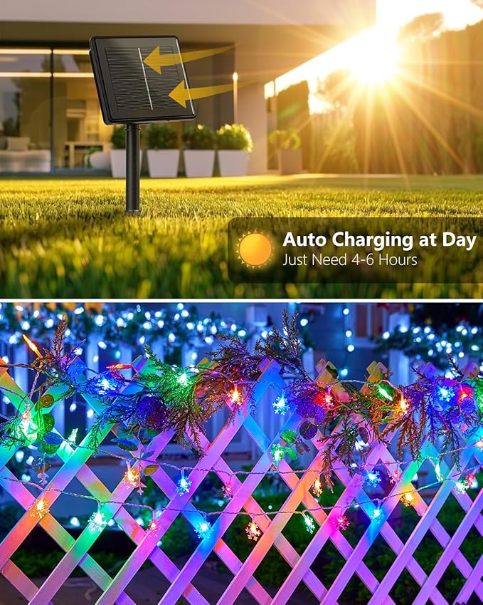 Brightown Solar Christmas Snowflake String Lights, 72FT 200 LED Outdoor Waterproof Fairy Lights with 8 Lighting Modes for Wedding, Party, Tree, Room, Garden, Patio, Yard, Home, Muliticolor