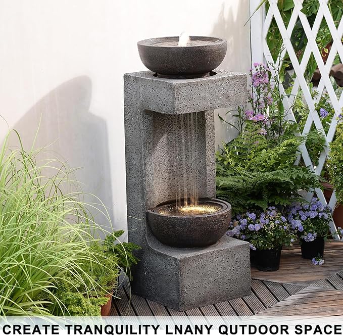 33.9" Waterfall Fountain Outdoor with LED Lights – Modern Rain Curtain Resin Garden Waterfall and Fountains, Bowl Design Outdoor Water Feature for Patio, Porch, Backyard, Lawn & Home Decor