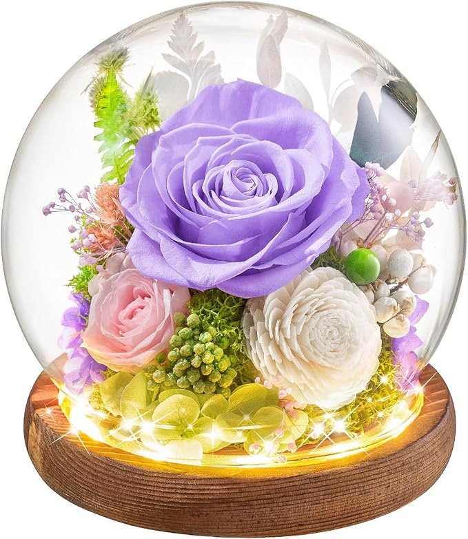 Preserved Flowers Rose Birthday Gifts for Women, Forever Flowers in Glass Ball, Long-Lasting for Mom Her Wife Grandma Anniversary Valentines (Light Purple)