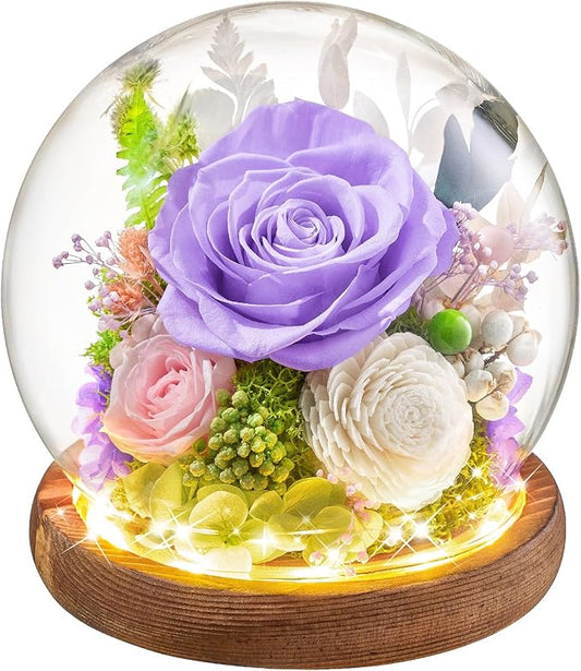 Preserved Flowers Rose Birthday Gifts for Women, Forever Flowers in Glass Ball, Long-Lasting for Mom Her Wife Grandma Anniversary Valentines (Light Purple)