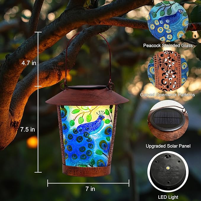 Solar Lanterns Outdoor Peacock Hanging Waterproof Decorative Lamp with Glass Peacock Solar Lights for Outside Yard Table Patio Garden