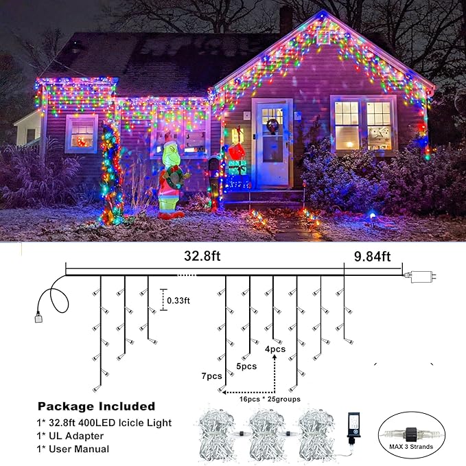 Icicle Lights for Outside, 33FT 400 LED Christmas Lights Outdoor Indoor with 8 Modes 75 Drops, Waterproof Connectable Twinkle String Light for Patio Yard Garden Wedding Party Decor, Multicolor