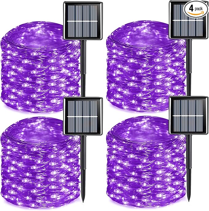 QITONG 4 Pack Purple Solar Fairy Lights, Each 33ft 100 LED Solar Christmas Lights, 8 Modes Solar Twinkle String Lights