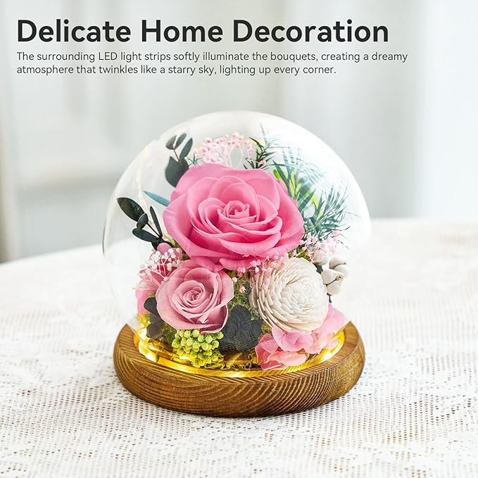 Preserved Flowers Rose Birthday Gifts for Women, Forever Flowers in Glass Ball, Long-Lasting for Mom Her Wife Grandma Anniversary Valentines (Pink)