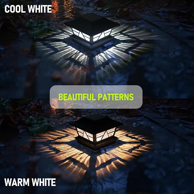 TW SHINE 2 Pack Solar Outdoor Fence Post Lights, 2 Modes Post Cap Lights Waterproof Color Changing Warm White/Cool White for Yard, Garden, Porch, Patio Decor, for 4x4 5x5 6x6 Wood Posts