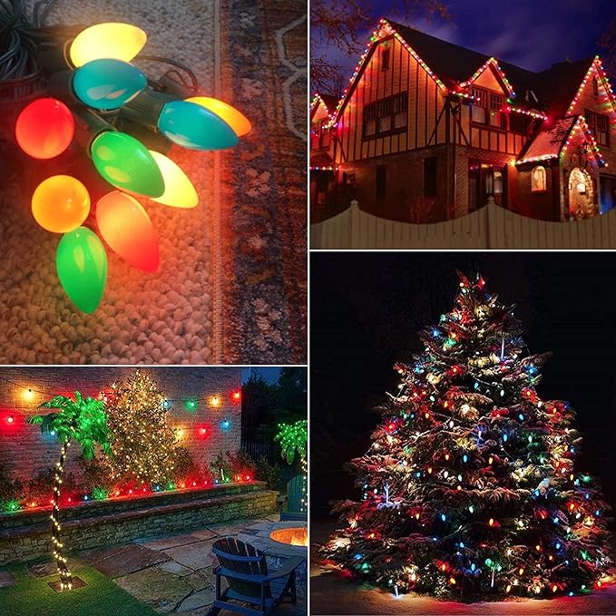 GOOTHY C7 LED Christmas Lights, 25Ft Outdoor Multicolor 27 Bulbs, Waterproof String Lights for Garden Patio Party Decorations- Green Wire