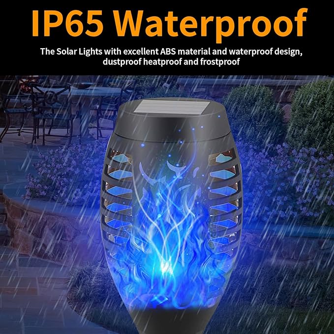 12-Pack Blue Solar Flickering Flame Torches – Waterproof Solar Garden Lights, Outdoor Solar Lights for Yards, and Flame Torches for Patio and Pathway Decorations