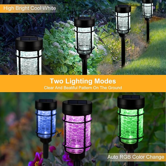Solar Pathway Lights 2 Pack, Color Changing+Cool White LED Solar Lights Outdoor, Waterproof Lighted Crackle Glass Stake for Garden Path Walkway Backyard Lawn Landscape Decoration
