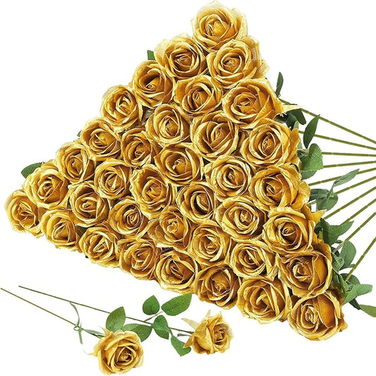36 Pcs Gold Artificial Roses with Long Stems, Fake Silk Rose Artificial Flowers Bulk for Bridal Wedding Bouquet Centerpiece Ball Arrangement Party Decor
