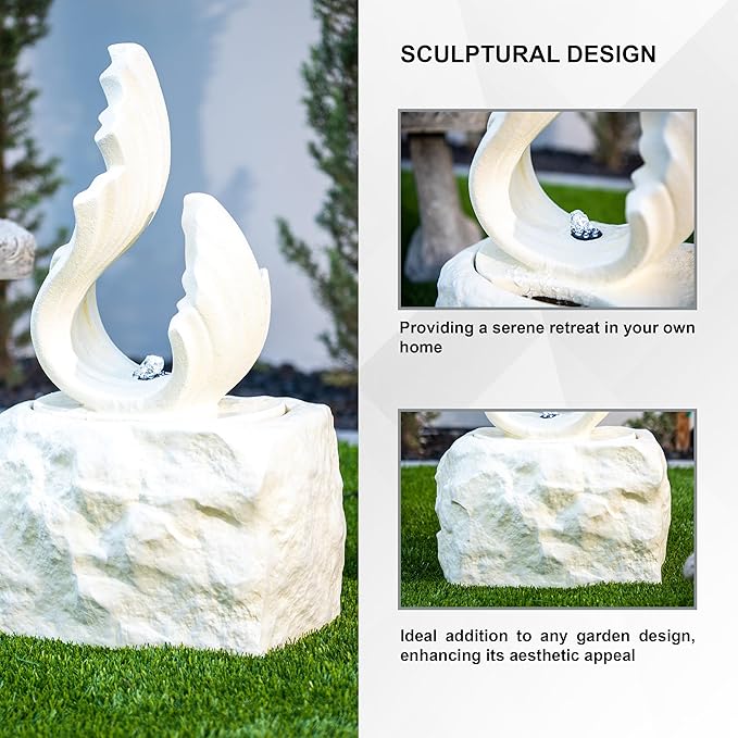 XBrand 25 in H Stone-Look Sculptural Modern Freestanding Fiber Resin Outdoor Garden Fountain w/LED Light, White