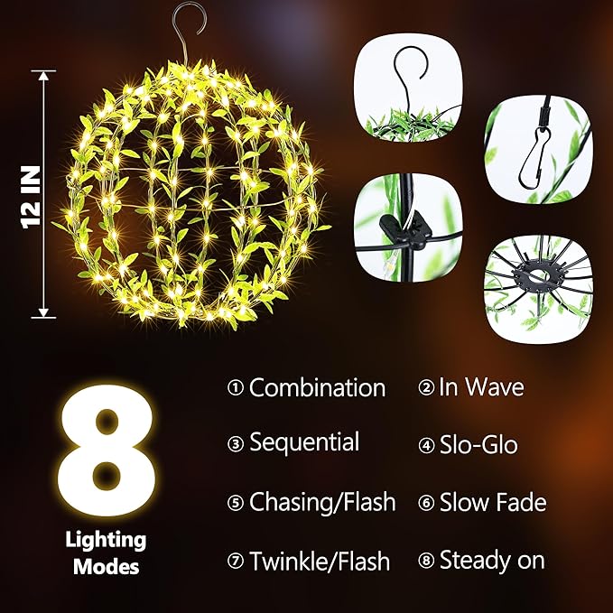 Joomer Solar Hanging Lights Outdoor, 2 Pack 12in 120 LED Solar Globe Lights, 8 Modes Waterproof Foldable Metal Sphere Light with Hook for Garden Yard Porch Decor-Warm White (Ball with Green Leaf)