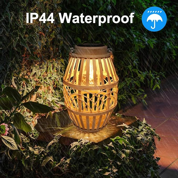 pearlstar Outdoor Solar Lanterns Light Rattan Natural Lantern with Handle for Hanging or Table Lamp for Patio Yard Garden Wedding Home Decoration, Edison Bulb, Auto on/Off (Style3)