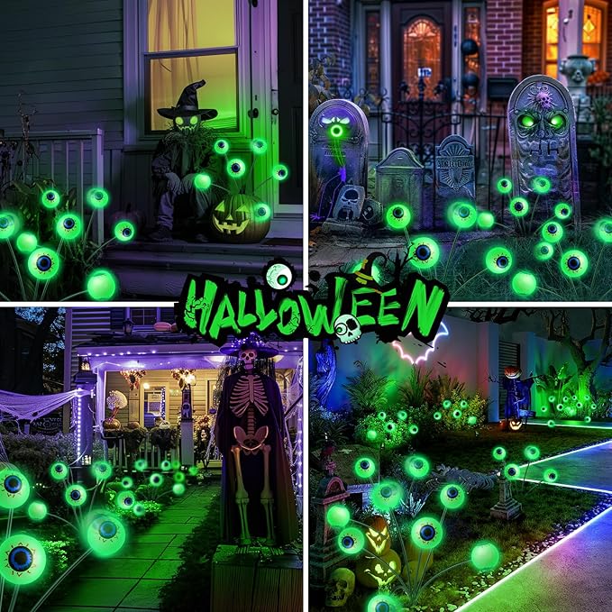 Halloween Solar Lights Outdoor: 4 Pack Upgraded 24 LED Scary Eyeball Lights for Garden Yard Lawn Pathway Landscape Decor, Green Outside Decorations