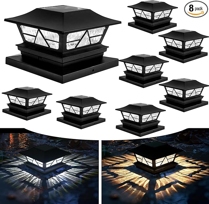 TW SHINE 8 Pack Solar Outdoor Fence Post Lights, 2 Modes Post Cap Lights Waterproof Warm White/Cool White for Yard, Garden, Porch, Patio Decor, for 4x4 5x5 6x6 Wood Posts
