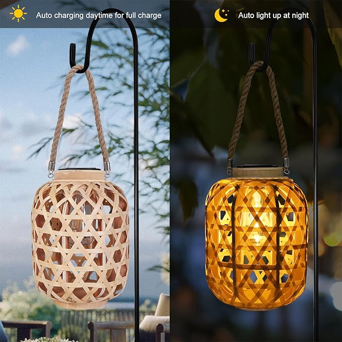 Solar Rattan Lantern Outdoor Hanging Lights with Handle, Waterproof Rattan Solar Lantern, Natural Bamboo LED Decorative Garden Lights for Yard, Patio, Wedding, Home Decoration