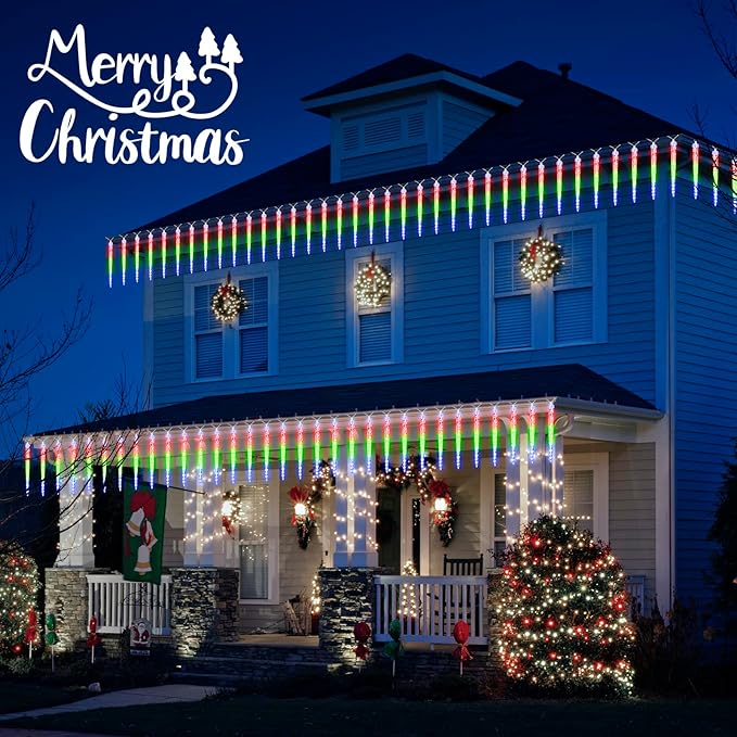 Christmas Meteor Shower Icicle Lights Outdoor, 19.8Ft With 20 Large Tube 480 LED Dropping Effect, Waterproof Decorations for House Eave Roofline, Multicolor