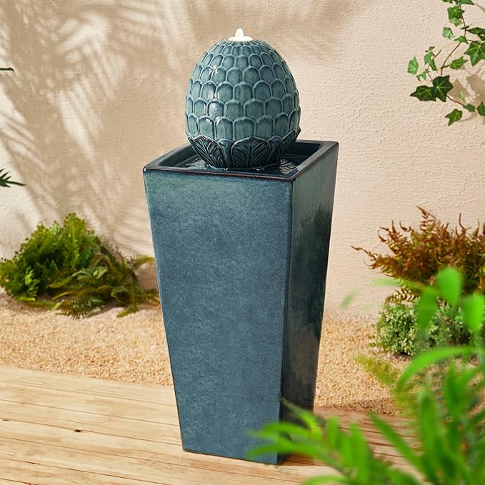 Glitzhome Ceramic Outdoor Water Fountain with LED Light, Oversized Artichoke Pedestal Water Fountains with Submersible Pump, Patio Fountain Waterfall for Garden Patio Deck Porch, Turquoise, 35.75" H