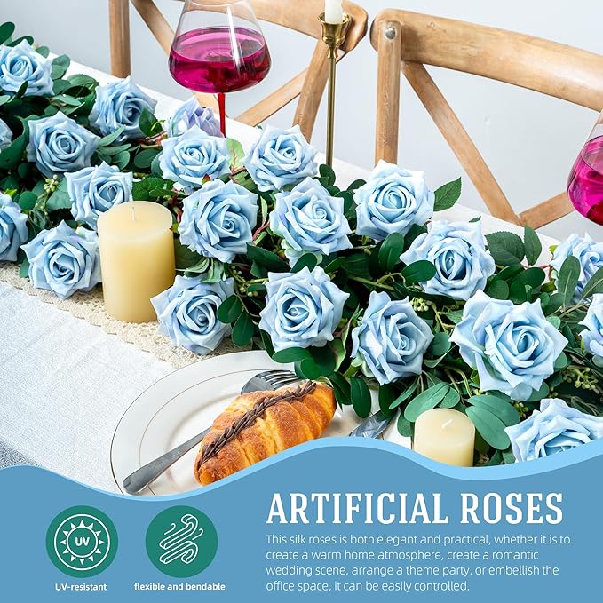 Fake Roses Faux Flowers Silk Roses 12PCS Artificial Roses with Stems Realistic Artificial Flowers Suitable for Indoor Home Decoration Diy Bouquet Wedding Decor Party Decoration （Blue）16.5“