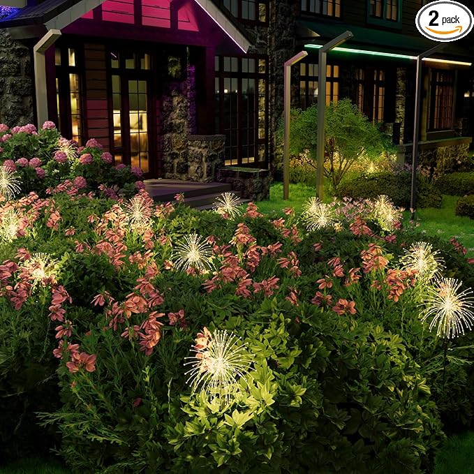 Honche Solar Garden Lights, 2 Pack Decorative Solar Outdoor Lights Weatherproof IP65 8 Lighting Modes Firework Lights for Garden Patio Counrtyards Pathway Parties (WarmWhite-8LightingMode-Oval)