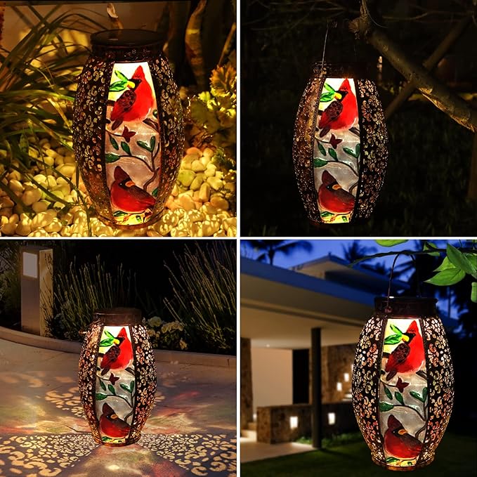 Outdoor Solar Lantern-Waterproof Hummingbird Hanging Metal Decorative Lights for Patio Table Garden Pathway Yard with Super Bright Warm White LED, Large Solar Panels, Auto On/Off Sensor