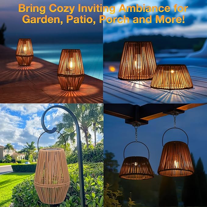 Uspring 3-in-1 Solar Lanterns Outdoor Waterproof Rattan Woven Hanging Solar Lights for Outside with Bright Lamp & LED Bead & 2 Handles, Garden Gifts Decor for Women Mom Patio Backyard Porch Deck