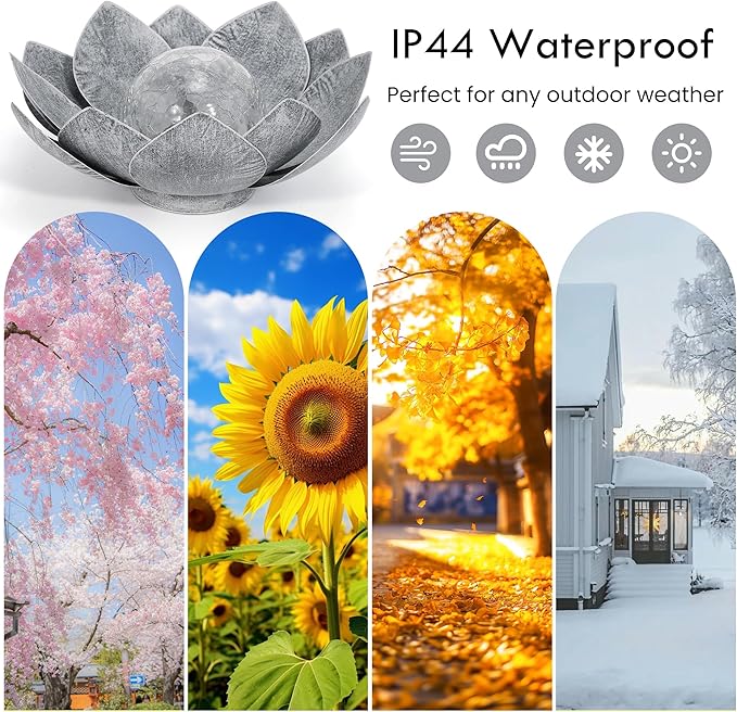 HPC Decor Solar Lights Outdoor Garden Decor - Art Crackle Globe Glass Lotus Decoration, Waterproof LED Metal Flower Lights for Outdoor Decor on Patio,Lawn,Walkway,Table,Perfect Gifts (Gray,11in)