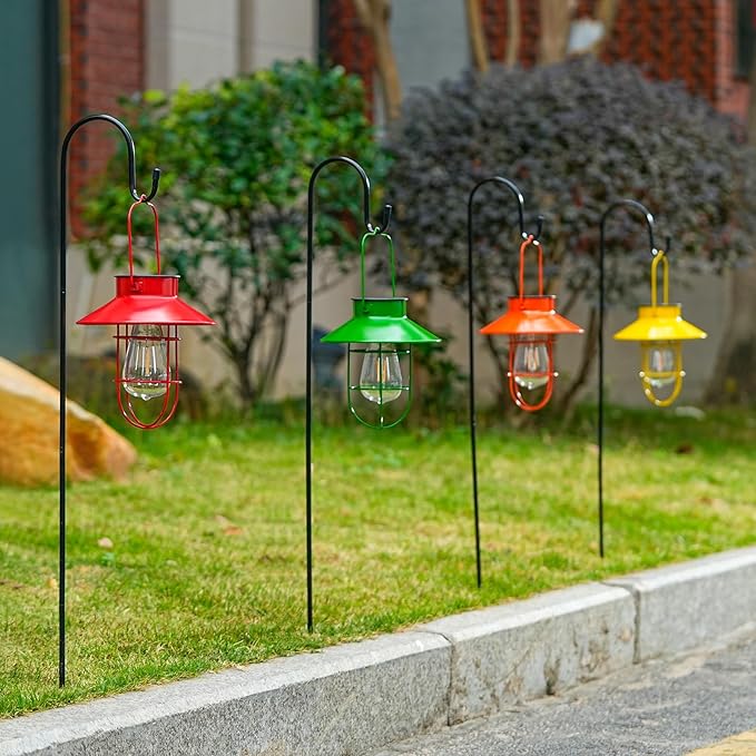 Solar Lights Lantern Lamp with Shepherd Hook, Solar Metal Lanterns, Outdoor Lights Decor,Edison Bulb Lights for Garden ,Outside Decor for Pathways,Patio, Lawn, or Landscaping(Green)
