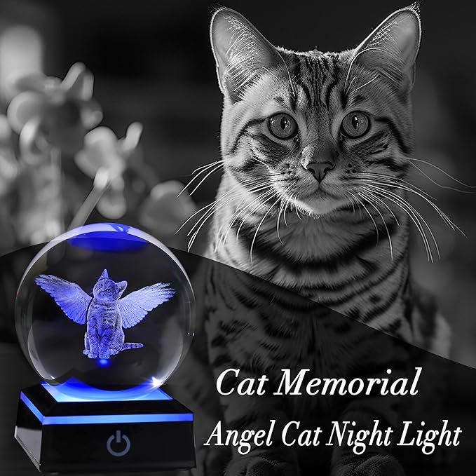 Qianwei Cat Memorial Gifts for Loss of Cat - Pet Memorial Cat Angel Statue 3D Crystal Engraved Office Decor - Remembrance Bereavement Passing Away Sympathy Gifts in Memory of Death