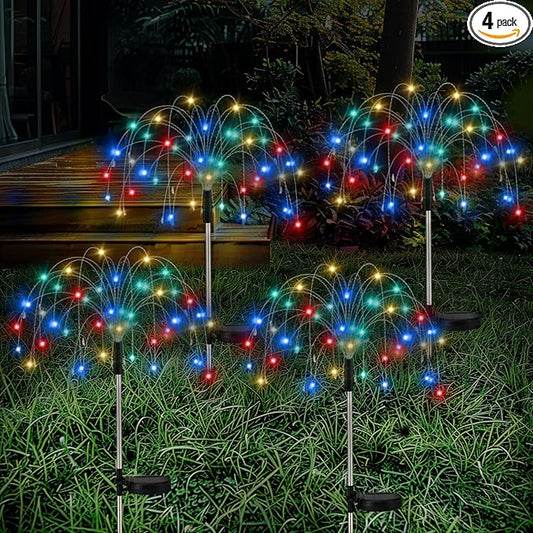Firework Solar Garden Lights, 120 LED Solar Firework Lights with 8 Lighting Modes, Waterproof Sparkler Starburst Solar Lights Outdoor for Yard Porch Patio Backyard Decor Present, 4 Pack