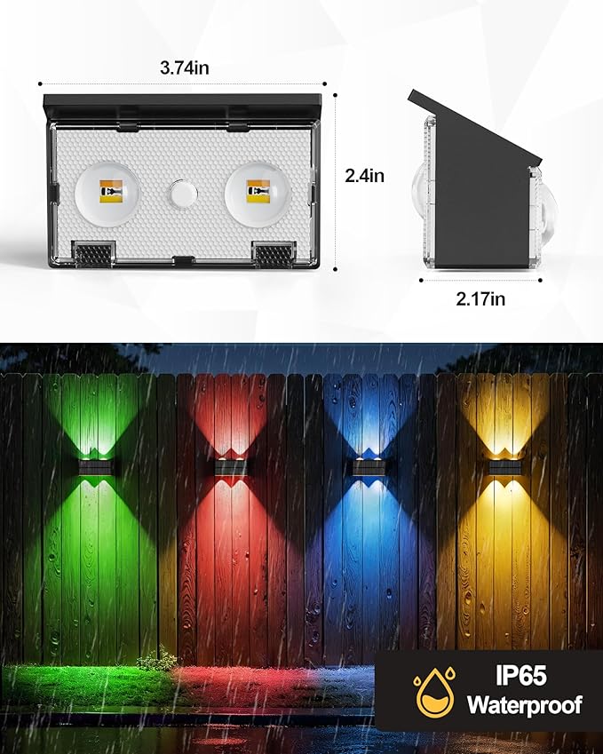 Bridika Solar Fence Lights Outdoor, 6 Pack Up and Down Wall Light, 8 Colors Lens LED Dusk to Dawn Solar Lights Outdoor Waterproof for Patio, Deck, Backyard, Garden